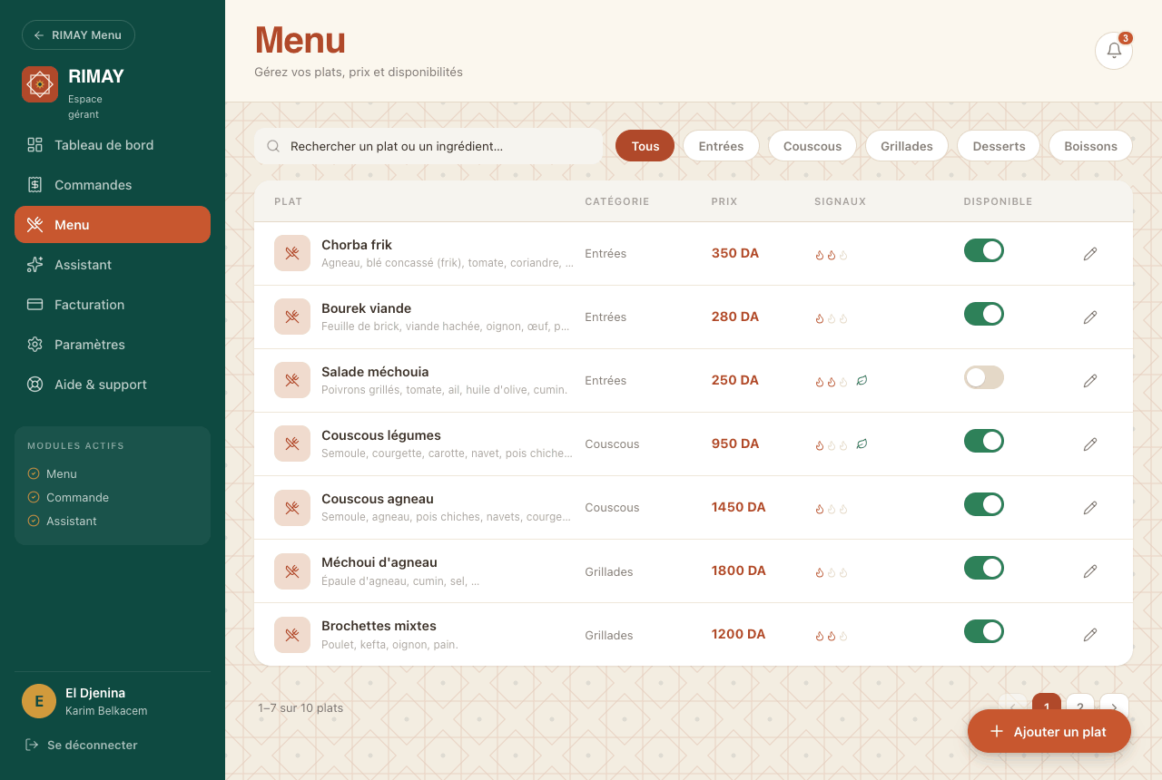 Back-office gérant RIMAY Menu — éditeur de carte