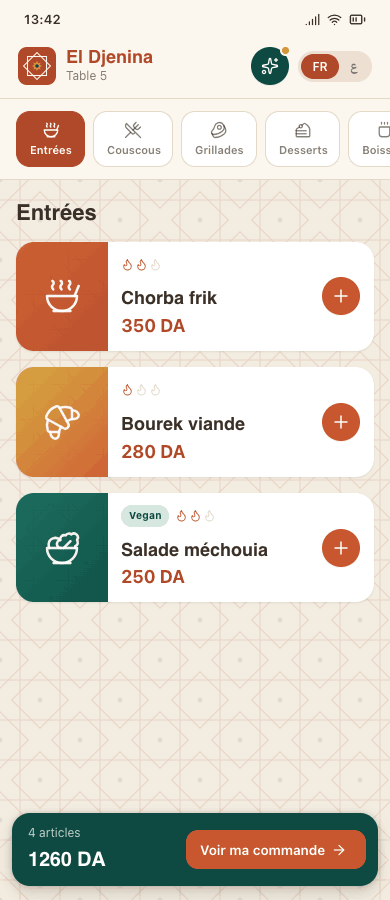 Menu convive RIMAY — commande à table sur mobile